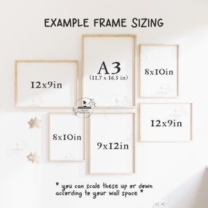 May include: Example frame sizes for artwork, including 8x10 inches, 9x12 inches, 12x9 inches, and A3 (11.7 x 16.5 inches). The text reads "You can scale these up or down according to your wall space."