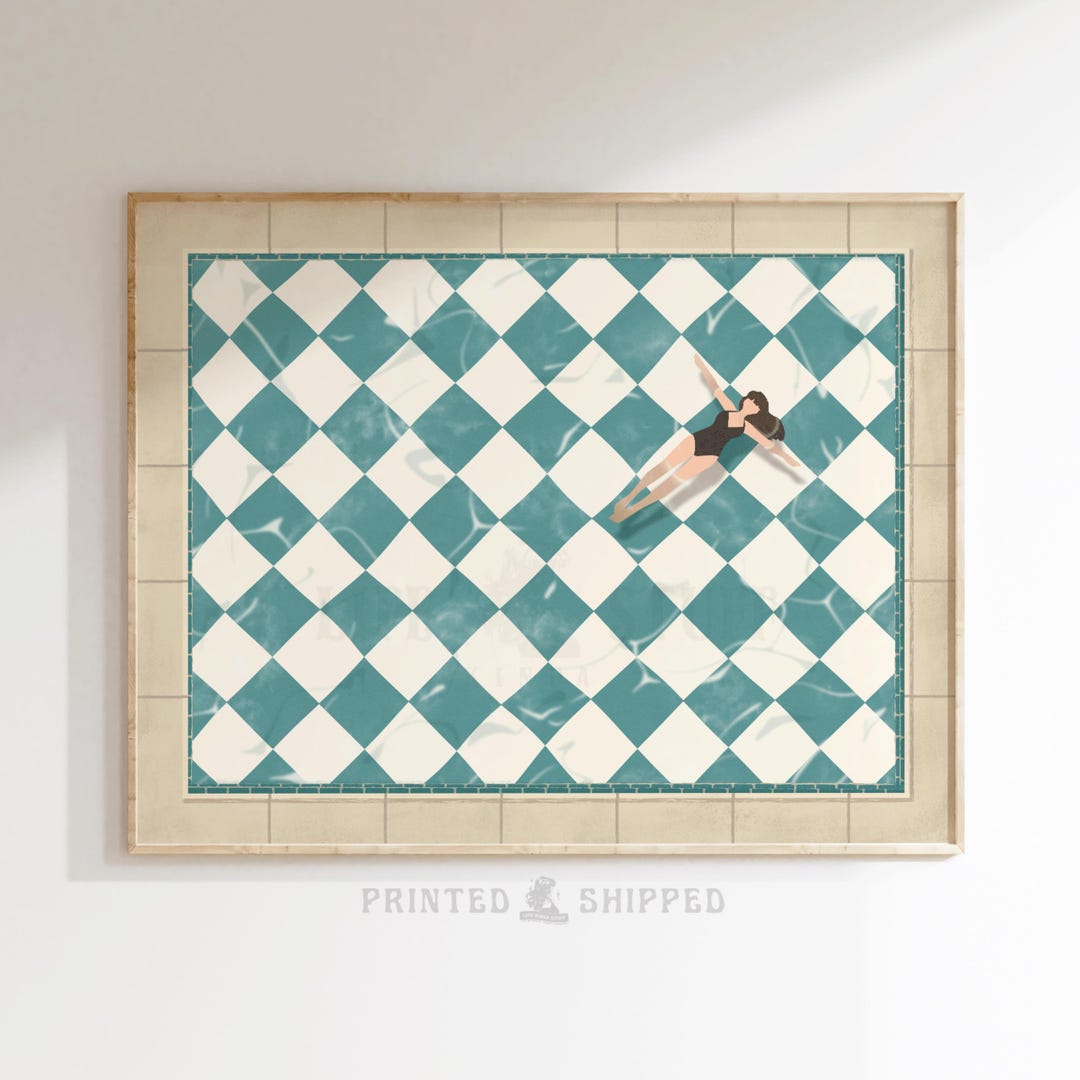 Retro Swimming Pool Print Girl Floating in Checkerboard Water Bathroom ...