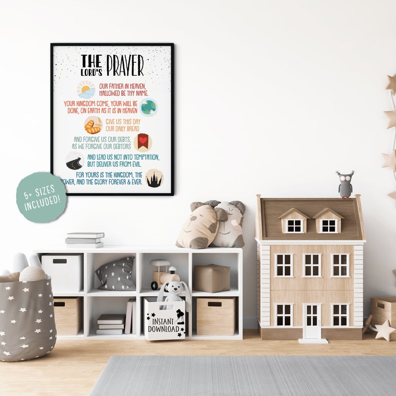 Op de afbeelding: Een afdrukbare poster met een kleurrijk ontwerp met het Onze Vader. De poster heeft een witte achtergrond met zwarte tekst en kleurrijke illustraties. De tekst bevat de woorden "Het gebed" en "Onze Vader".