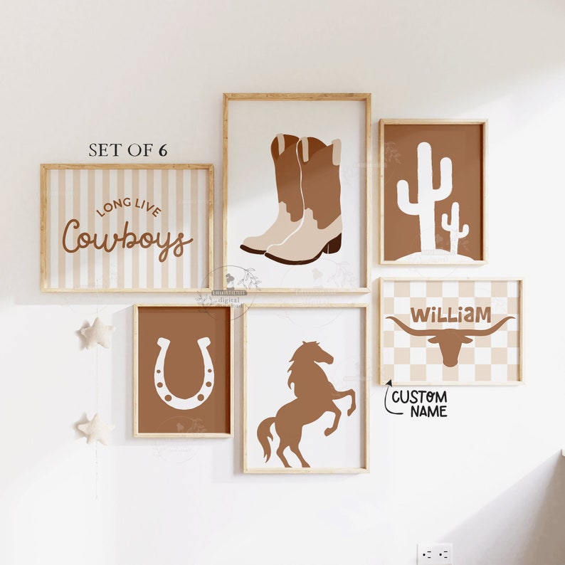 May include: Set of six brown and white cowboy themed printable wall art prints. The prints feature a horseshoe, a cactus, cowboy boots, a rearing horse, a longhorn steer, and a striped background with the text "Long Live Cowboys".