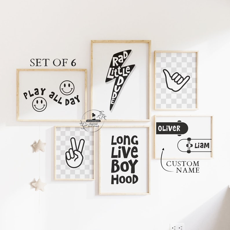 May include: Set of six black and white printable wall art prints with various designs, including a lightning bolt with the text "Rad Little Dude", a peace sign, a smiley face with the text "Play All Day", a skateboard with the text "Oliver" and "Liam", and a hand making a shaka sign. The text "Long Live Boy Hood" is also included.