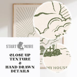 Peut inclure: Une affiche encadr&eacute;e au design minimaliste. L'&oelig;uvre pr&eacute;sente un soleil, des nuages et une maison, le tout dans des tons verts sur un fond cr&egrave;me. Le texte "START MORE ONCE" et "STUFF MY HOUSE" est &eacute;galement visible.