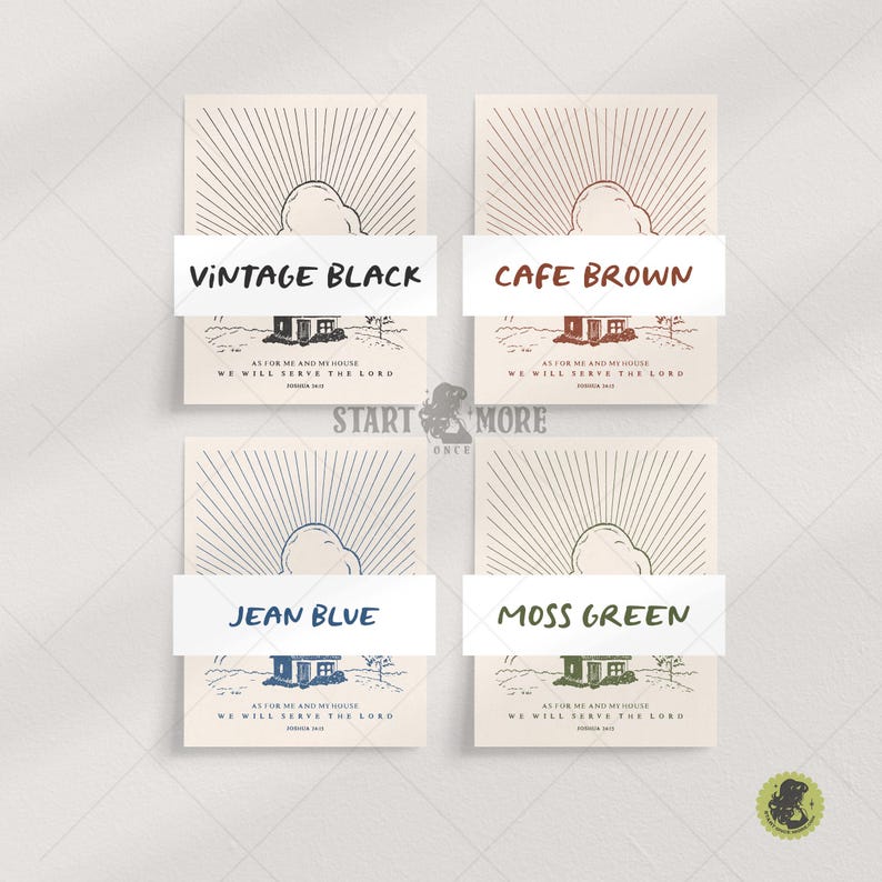 Peut inclure: Quatre impressions d'art avec un design minimaliste. Chaque impression pr&eacute;sente un fond en forme d'&eacute;clat de soleil, une illustration de maison et le texte "AS FOR ME AND MY HOUSE WE WILL SERVE THE LORD". Les impressions sont &eacute;tiquet&eacute;es "VINTAGE BLACK", "CAFE BROWN", "JEAN BLUE" et "MOSS GREEN".