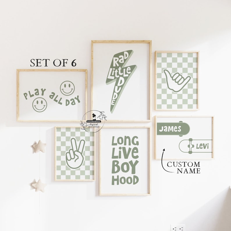 May include: Set of six green and white illustrated wall art prints with a skateboard theme. The prints feature phrases like "Rad Little Dude", "Play All Day", "Long Live Boy Hood", and "Custom Name".