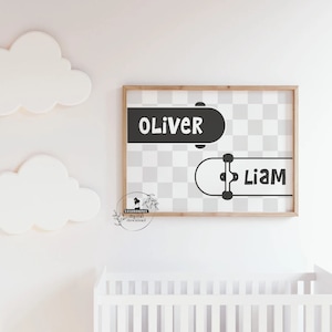 Boys Skateboard Nursery Room Wall Art Decor Custom Nursery Name Sign Personalized Name Print Checkerboard Nursery Kids Playroom Newborn Gift