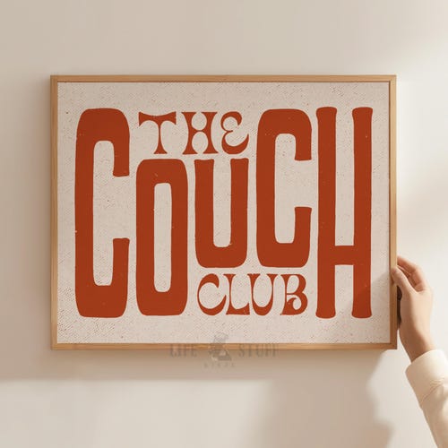 Impression The Couch Club au-dessus du canapé, décoration murale éclectique pour l'entrée du salon, décoration tendance pour un appartement confortable au-dessus du canapé, art rétro moyen pour casanier