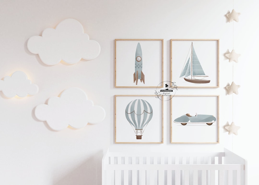 Boys Nursery Gallery Wall Art Set of 4 Blue Boy Baby Room Travel Decor Neutral Kids Playroom ...