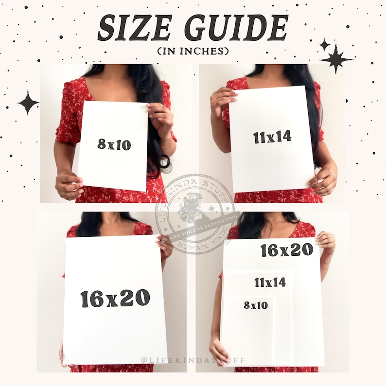 Peut inclure: Image d'un guide des tailles avec le texte "SIZE GUIDE (IN INCHES)". L'image pr&eacute;sente quatre toiles rectangulaires blanches de tailles 8x10, 11x14 et 16x20 pouces (environ 20x25, 28x35 et 40x51 cm).