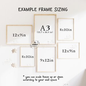 May include: A display of framed art prints in various sizes, including 12x9 inches, 8x10 inches, and a larger A3 size (11.7 x 16.5 inches). The text "EXAMPLE FRAME SIZING" is at the top, with a note about scaling the prints.