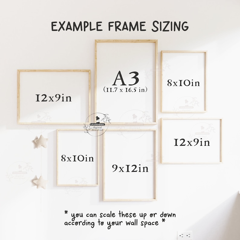 May include: A display of framed art prints in various sizes, including 12x9 inches, 8x10 inches, and a larger A3 size (11.7 x 16.5 inches). The text "EXAMPLE FRAME SIZING" is at the top, with a note about scaling the prints.