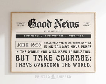 Christian Gospel Newspaper Print Bible Verse Wall Art Good News Scripture Vintage Poster