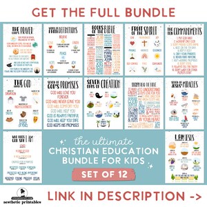 Op de afbeelding: Een kleurrijke set van 12 printbare posters voor christelijk onderwijs. De posters bevatten illustraties en tekst over het Onze Vader, de Tien Geboden, de Zeven Dagen van de Schepping, de Zeven Wonderen van Jezus, en meer. De posters zijn getiteld "De ultieme christelijke onderwijsbundel voor kinderen".