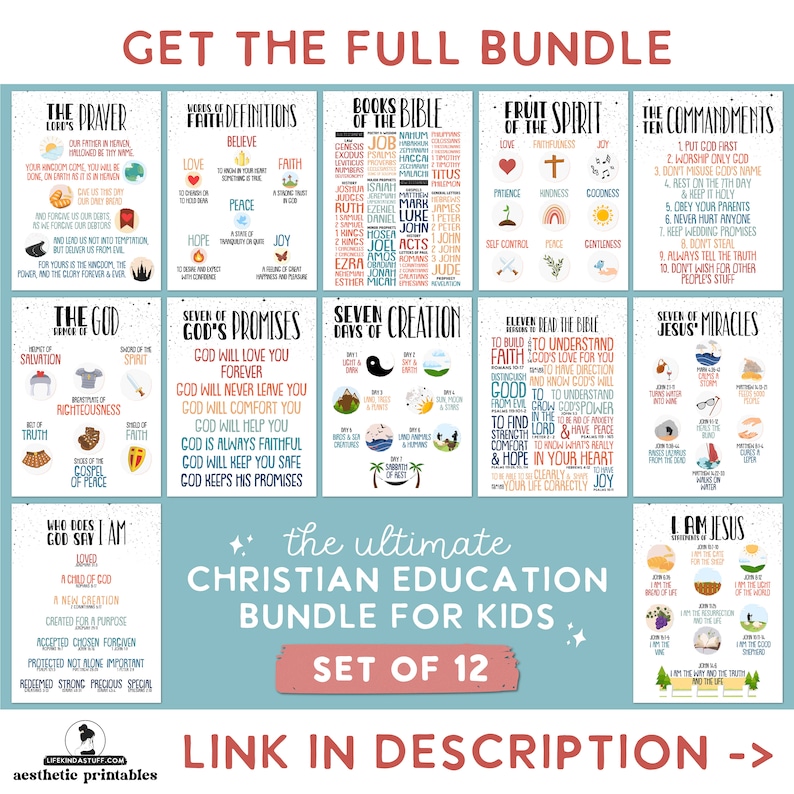 Op de afbeelding: Een kleurrijke set van 12 printbare posters voor christelijk onderwijs. De posters bevatten illustraties en tekst over het Onze Vader, de Tien Geboden, de Zeven Dagen van de Schepping, de Zeven Wonderen van Jezus, en meer. De posters zijn getiteld "De ultieme christelijke onderwijsbundel voor kinderen".