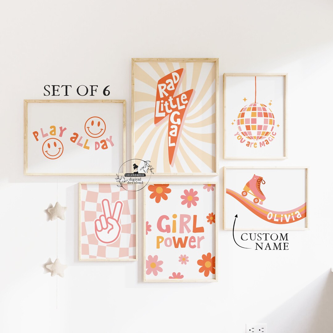 Baby Girls Nursery Wall Art Prints Boho Decor Gallery Set Retro Pink