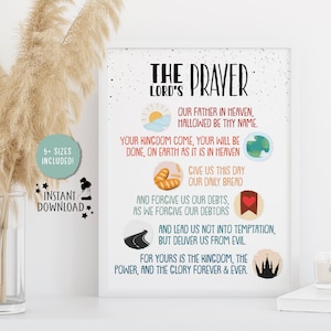Op de afbeelding: Een printbare poster met een witte achtergrond en zwarte tekst. De poster toont het Onze Vader met kleurrijke illustraties. De tekst luidt: "Het Onze Vader. Onze Vader in de hemel, uw naam worde geheiligd. Uw koninkrijk kome, uw wil geschiede, zoals in de hemel, zo ook op aarde. Geef ons heden ons dagelijks brood. En vergeef ons onze schulden, zoals ook wij vergeven aan onze schuldenaren. En leid ons niet in verzoeking, maar verlos ons van de boze. Want van u is het koninkrijk en de kracht en de heerlijkheid in eeuwigheid. Amen."
