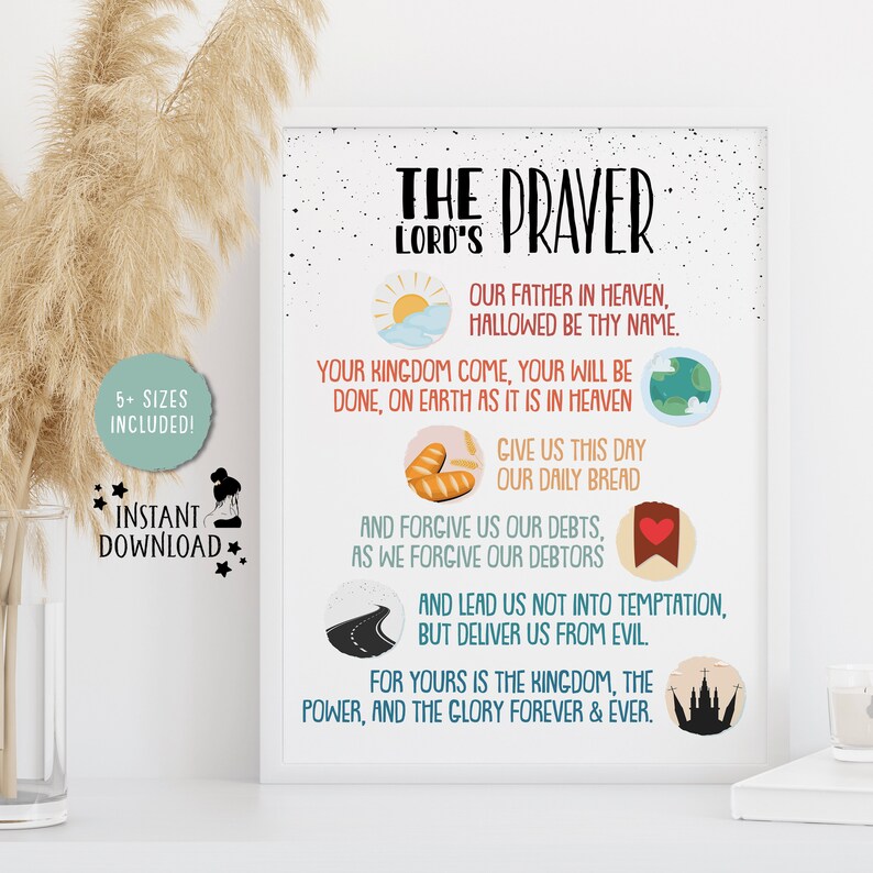 Op de afbeelding: Een printbare poster met een witte achtergrond en zwarte tekst. De poster toont het Onze Vader met kleurrijke illustraties. De tekst luidt: "Het Onze Vader. Onze Vader in de hemel, uw naam worde geheiligd. Uw koninkrijk kome, uw wil geschiede, zoals in de hemel, zo ook op aarde. Geef ons heden ons dagelijks brood. En vergeef ons onze schulden, zoals ook wij vergeven aan onze schuldenaren. En leid ons niet in verzoeking, maar verlos ons van de boze. Want van u is het koninkrijk en de kracht en de heerlijkheid in eeuwigheid. Amen."
