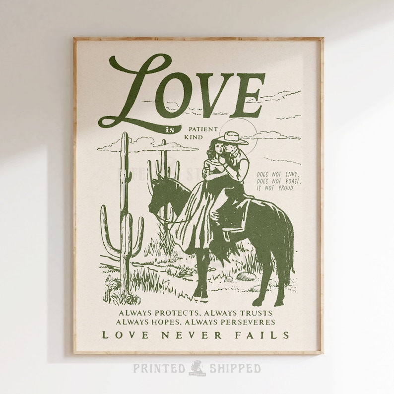 1 Corinthians Love Bible Verse Western Desert Wall Art Modern Christian Couple Artwork Southwestern Housewarming Gift Wild West Cactus Print