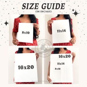 May include: Size guide graphic with the text "SIZE GUIDE (IN INCHES)". The image shows four white rectangular canvases in different sizes: 20x25 cm, 28x35 cm, and 40x50 cm. The canvases are held by a person.