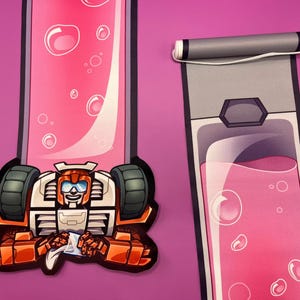 May include: Illustration of a cartoon robot character in orange and white armour, holding a white cloth, positioned below a pink liquid-filled container with bubbles. A second container with pink liquid and bubbles is also shown.