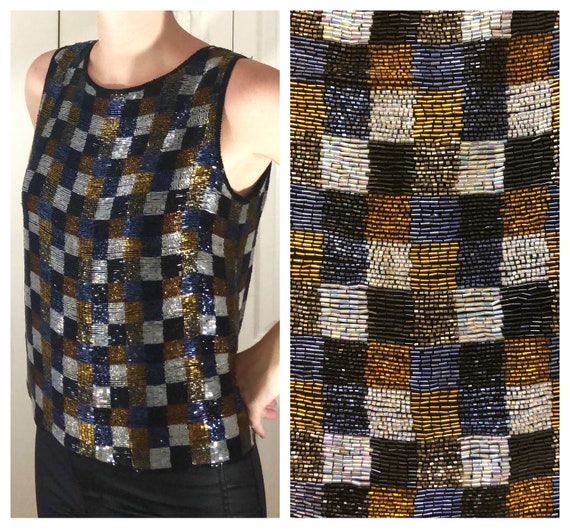 Vintage 90s Checkered Beaded Sleeveless Top // Nit