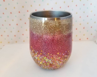 Glittered stemless wine glass