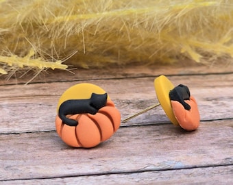 Black Cat Pumpkin Stud Earrings, Polymer Clay, Moon, Halloween, Spooky Season
