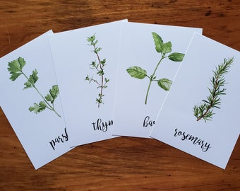 Herb Prints, Set of 4, Kitchen Decor, Watercolor Herbs Wall Art, Basil Parsley Rosemary Thyme Prints, Farmhouse Decorations