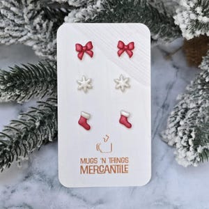 Christmas Themed Micro Stud Earrings, Bow, Stocking, Snow Flake, Polymer Clay