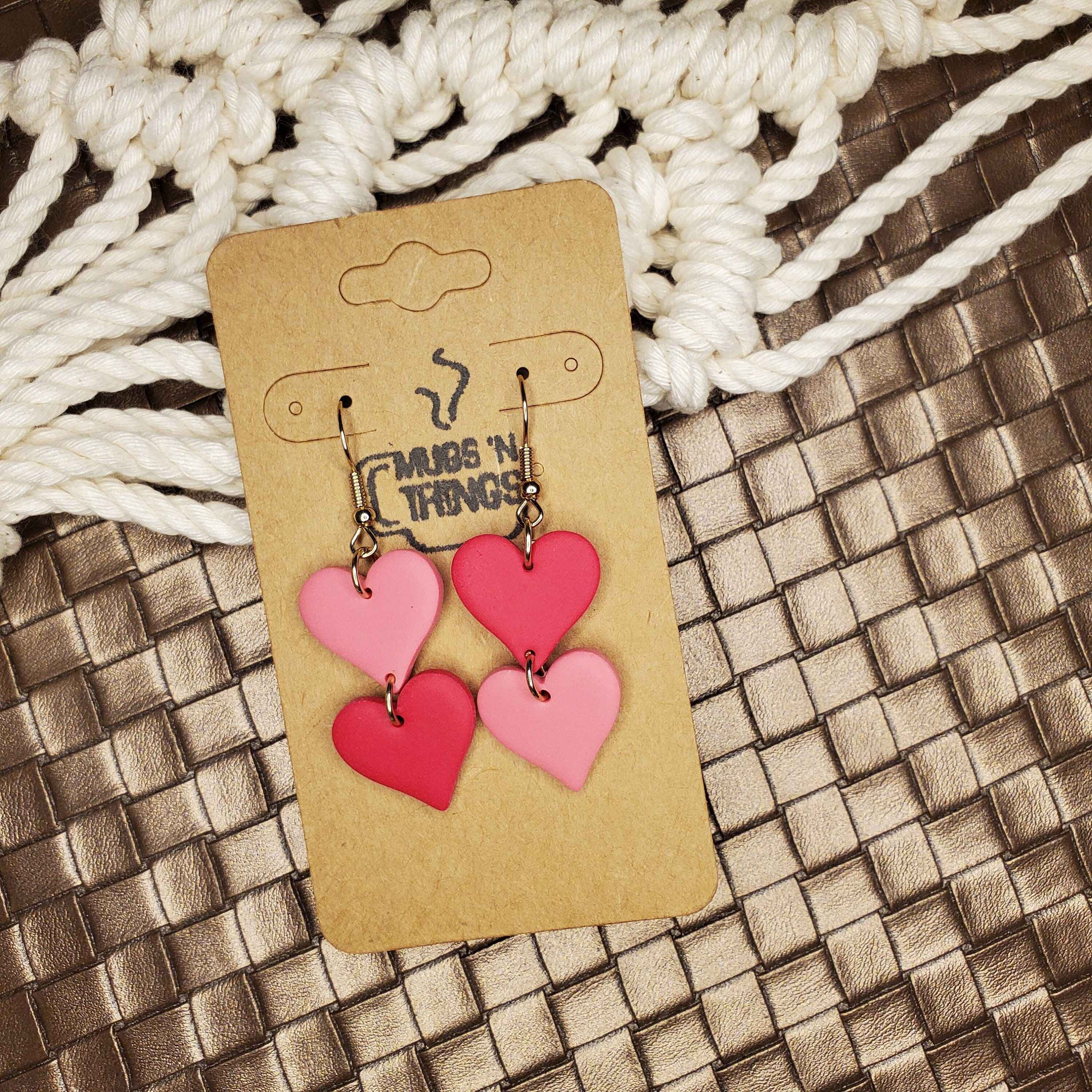 Dangling Hearts Earrings, Polymer Clay, Valentines Day, Love, Red and Pink
