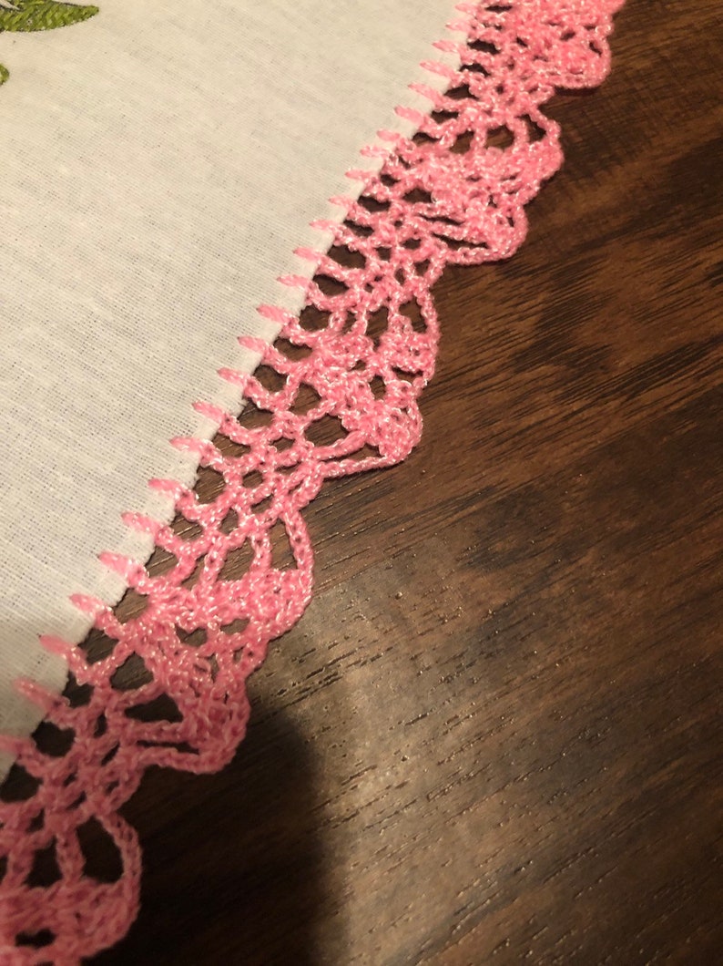 Vintage Inspired Handmade Table Linen napkin tablecloth Tortilla warmer pink rose embroidery design and pink crochet trim