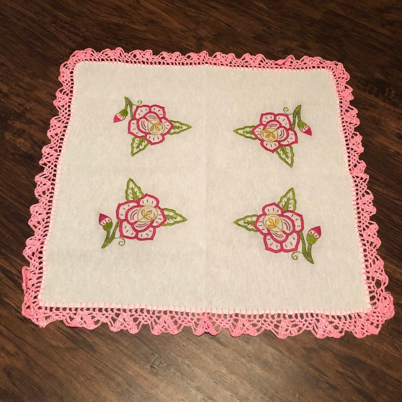 Vintage Inspired Handmade Table Linen napkin tablecloth Tortilla warmer pink rose embroidery design and pink crochet trim