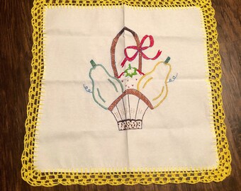 Vintage Inspired Table Linen Tortilla warmer napkin cloth fruit design with yellow crochet trim