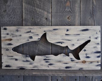Mako Shark Silhouette on Reclaimed Wood Plaque Beach House Ocean Wall Art Great White Shark Man Cave Decor