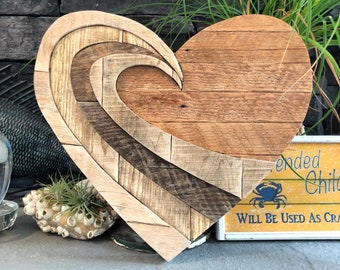 Wave of Love Rustic Wood Heart, Reclaimed Pallet Wood BoHo Surfer Heart, Rustic Decor Heart, Wall Hanging