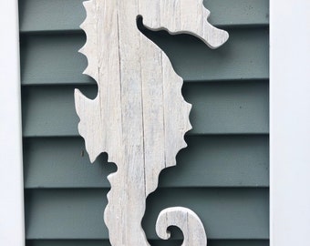 Seahorse Whitewashed - Large 22" Reclaimed Wood Rustic Coastal Decor Wall Art