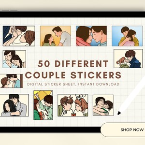 May include: A digital download of 50 different couple stickers. The stickers feature various couples in different poses and settings. The text "50 DIFFERENT COUPLE STICKERS" and "DIGITAL STICKER SHEET, INSTANT DOWNLOAD" is displayed on the screen. A button that says "SHOP NOW" is at the bottom of the screen.