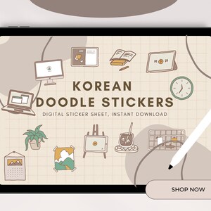 Korean vintage digital doodle sticker sheet, digital sticker kit, png sticker, goodnotes planner, instant download, neutral, cute, svg