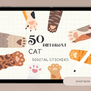 以下が含まれることがあります： デジタルタブレットには、50種類の猫の足のデジタルステッカーが表示されています。ステッカーは、オレンジ、茶色、白など、さまざまな色とパターンがあります。「50 DIFFERENT CAT DIGITAL STICKERS」というテキストが中央に表示されています。