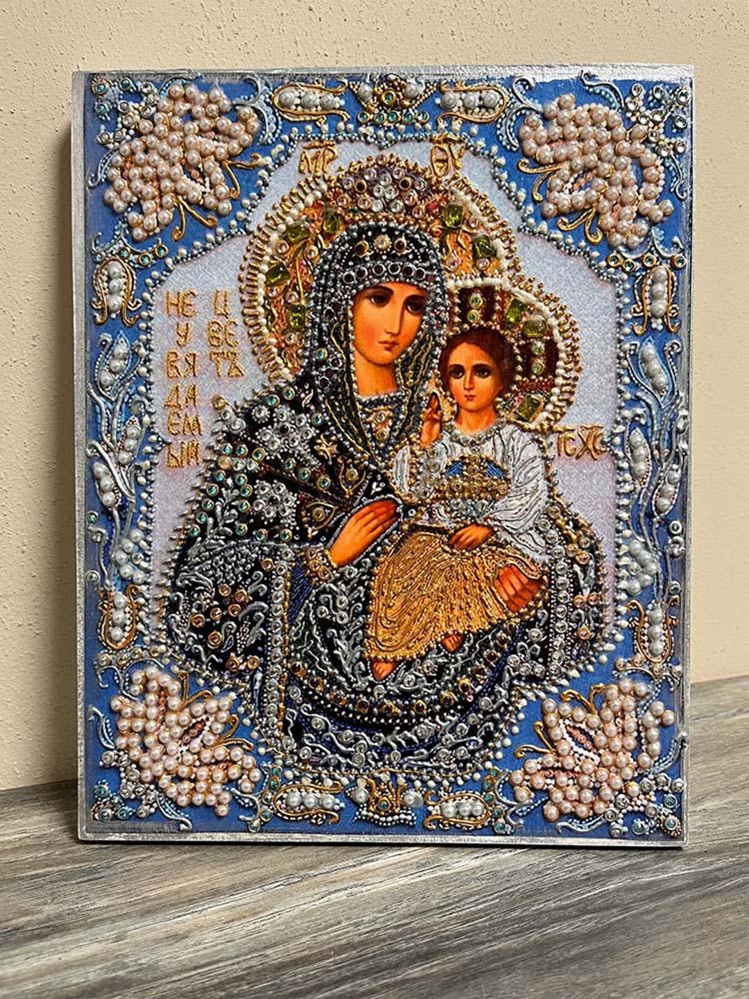 Handcrafted Wooden Icon of Holy Mary and Christ With Crystals and ...