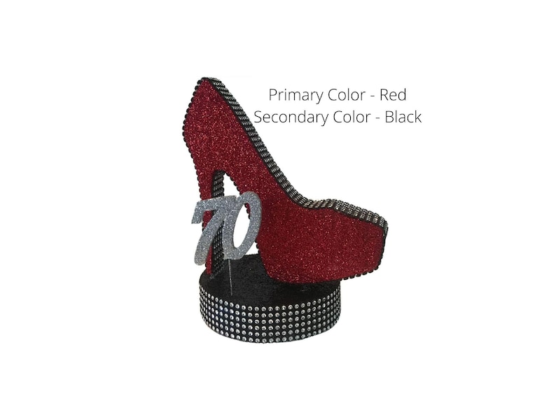Stiletto Centerpiece: Birthday and Party Decoration/9" Tall High Heel with Rhinestone Ribbon Edge immagine 4