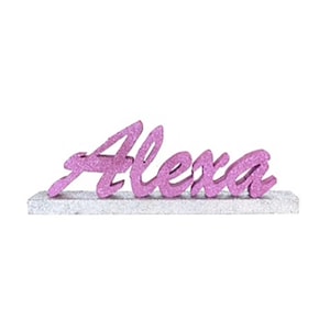 May include: Pink glitter name sign with the name "Alexa" in a cursive font. The sign is on a silver glitter base.