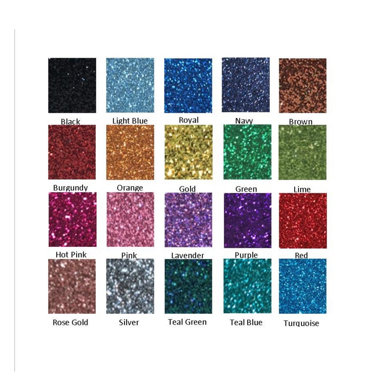 Pu&ograve; includere: Una tabella colori con 20 colori glitter, tra cui nero, azzurro, blu reale, blu navy, marrone, bordeaux, arancione, oro, verde, lime, rosa acceso, rosa, lavanda, viola, rosso, oro rosa, argento, verde acqua, blu acqua e turchese.