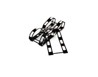 May include: A black and white film strip, curled and arranged against a white background. The film strip has rectangular frames with rounded corners, creating a classic cinema aesthetic. The image is a close-up, highlighting the details.
