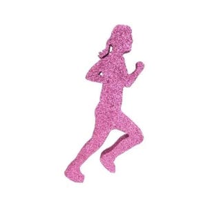 May include: A pink glitter silhouette of a person running, with arms and legs extended in motion. The figure is in profile, with a ponytail. The background is plain white.