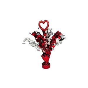 May include: A decorative centerpiece featuring red and white heart-shaped accents and a glittery red heart on top. The base and accents are red, creating a festive look. Perfect for Valentine's Day or other celebrations.