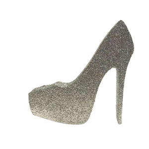 Stiletto High Heel Shoe Foam Cutouts, use for birthday parties, sweet 16, quinceañera, shopping theme candlelabra Silver Glitter