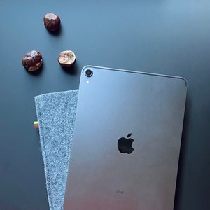 May include: A silver iPad with a black Apple logo and the word "iPad" printed on the back. The iPad is lying on a gray fabric surface.