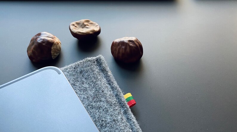 May include: A gray felt laptop sleeve with a small yellow, green, and red flag attached. Four brown chestnuts are scattered on a gray surface.