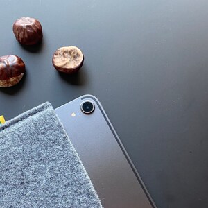 May include: A gray tablet computer with a camera lens on the back. The tablet is resting on a gray felt case with a small colorful flag on the corner. Three brown chestnuts are scattered on the gray surface.