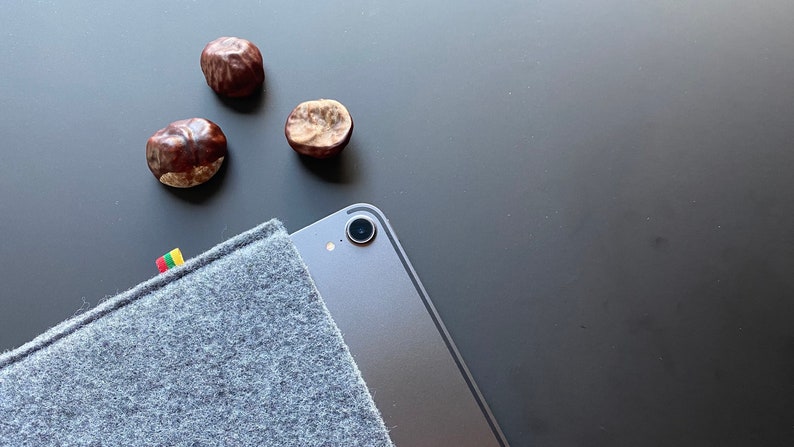 May include: A gray tablet computer with a camera lens on the back. The tablet is resting on a gray felt case with a small colorful flag on the corner. Three brown chestnuts are scattered on the gray surface.